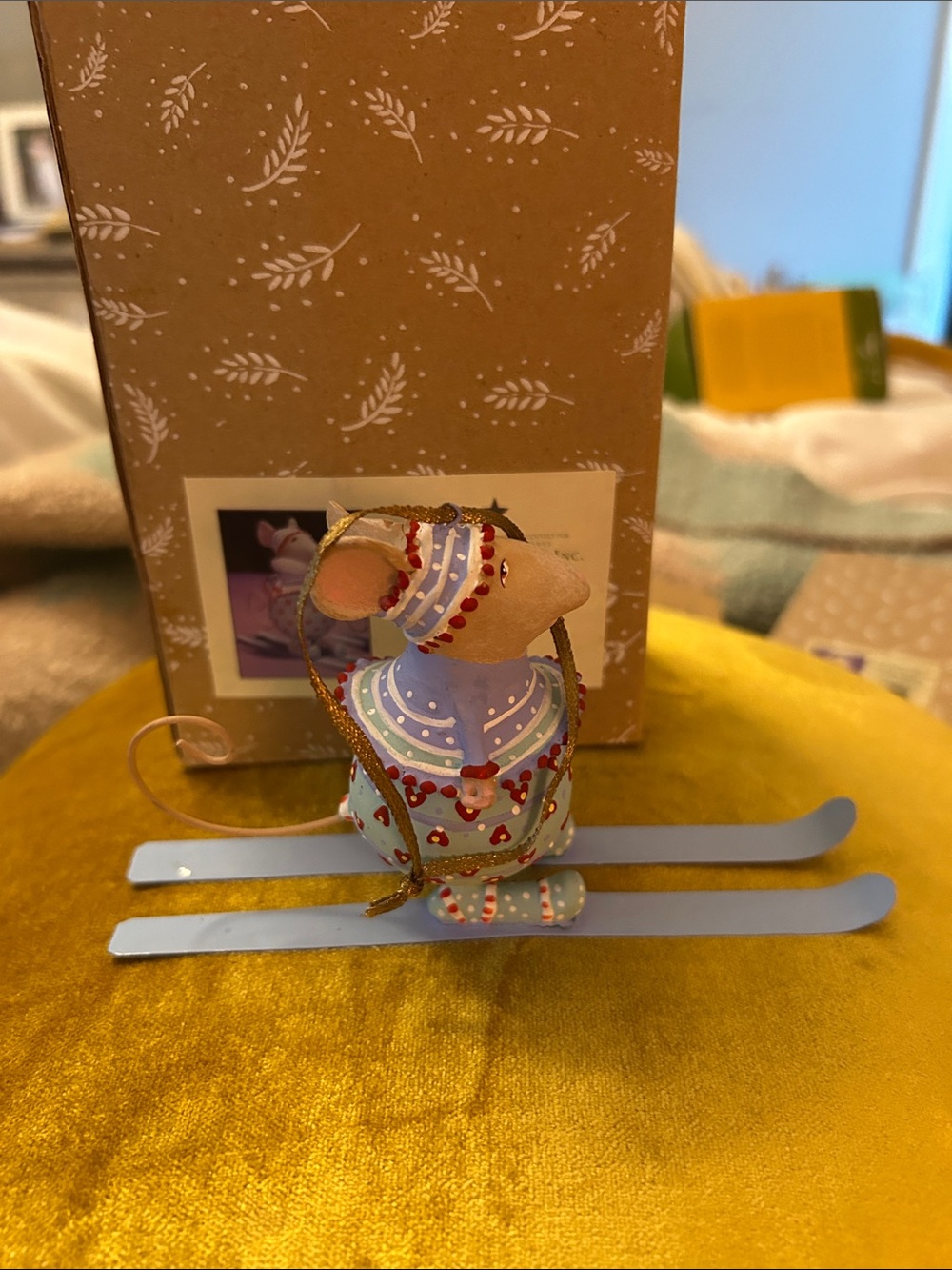 Hand-Painted Skiing Mouse Ornament in Light Blue and Red By Patience Brewster